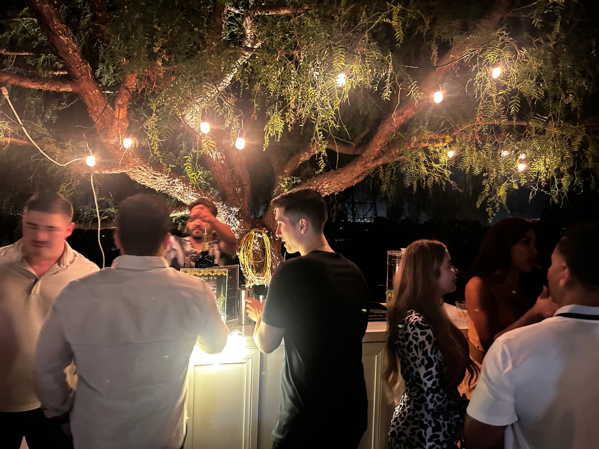 Guests at a Bleeps Events outdoor bar under string lights